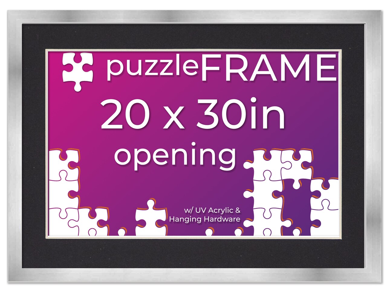20x30 Jigsaw Puzzle Frame Kit - Kit Includes Puzzle Glue Sheets, Silver Wood Puzzle Frame with Black Mat, UV Acrylic, Backing,, Hanging Hardware